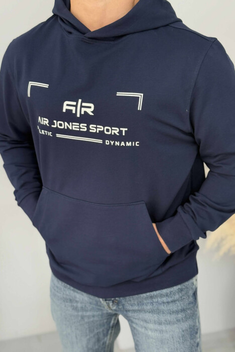 HOODIE NJË NGJYRËSHE ME DETAJIN E SHKRIMIT PARA PËR MESHKUJ NE NGJYRËN BLU - KLAUDIO FASHION