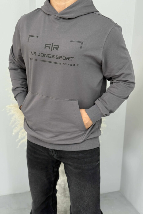 HOODIE NJË NGJYRËSHE ME DETAJIN E SHKRIMIT PARA PËR MESHKUJ NE NGJYRËN GRI TË ERRËT - KLAUDIO FASHION