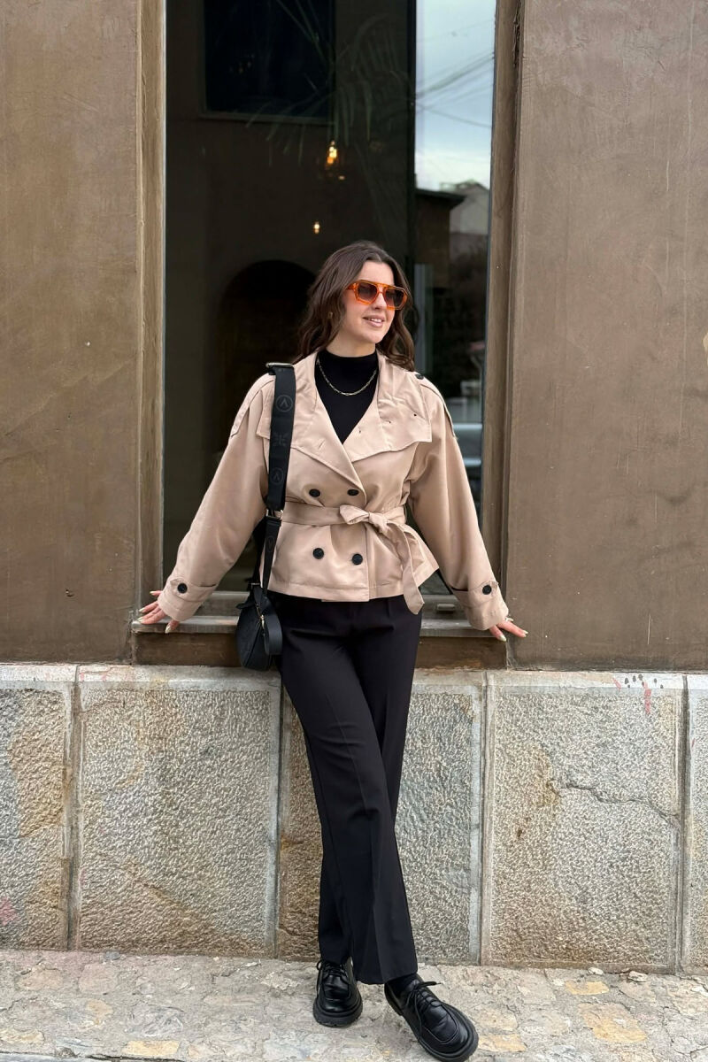 ONE COLOR FUNNEL-NECK SHORT WOMEN JACKET BEIGE/BEZHE - 1