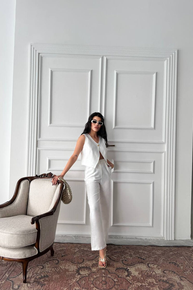 ONE COLOR GOLD BUTTON VEST + TROUSERS WOMAN SET WHITE-E BARDHE - 1