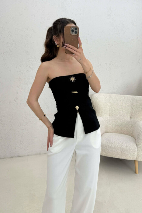 ONE COLOR GOLD BUTTONS DETAILS WOMEN TANK TOP BLACK/ E ZEZE - 2