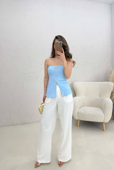 ONE COLOR GOLD BUTTONS DETAILS WOMEN TANK TOP LIGHTBLUE/BZ - 3