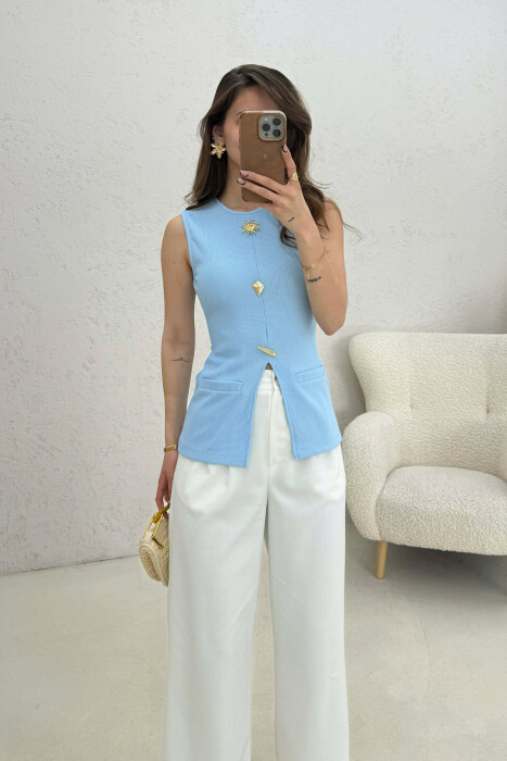 ONE COLOR GOLD BUTTONS DETAILS WOMEN TANK TOP LIGHTBLUE/BZ - 1