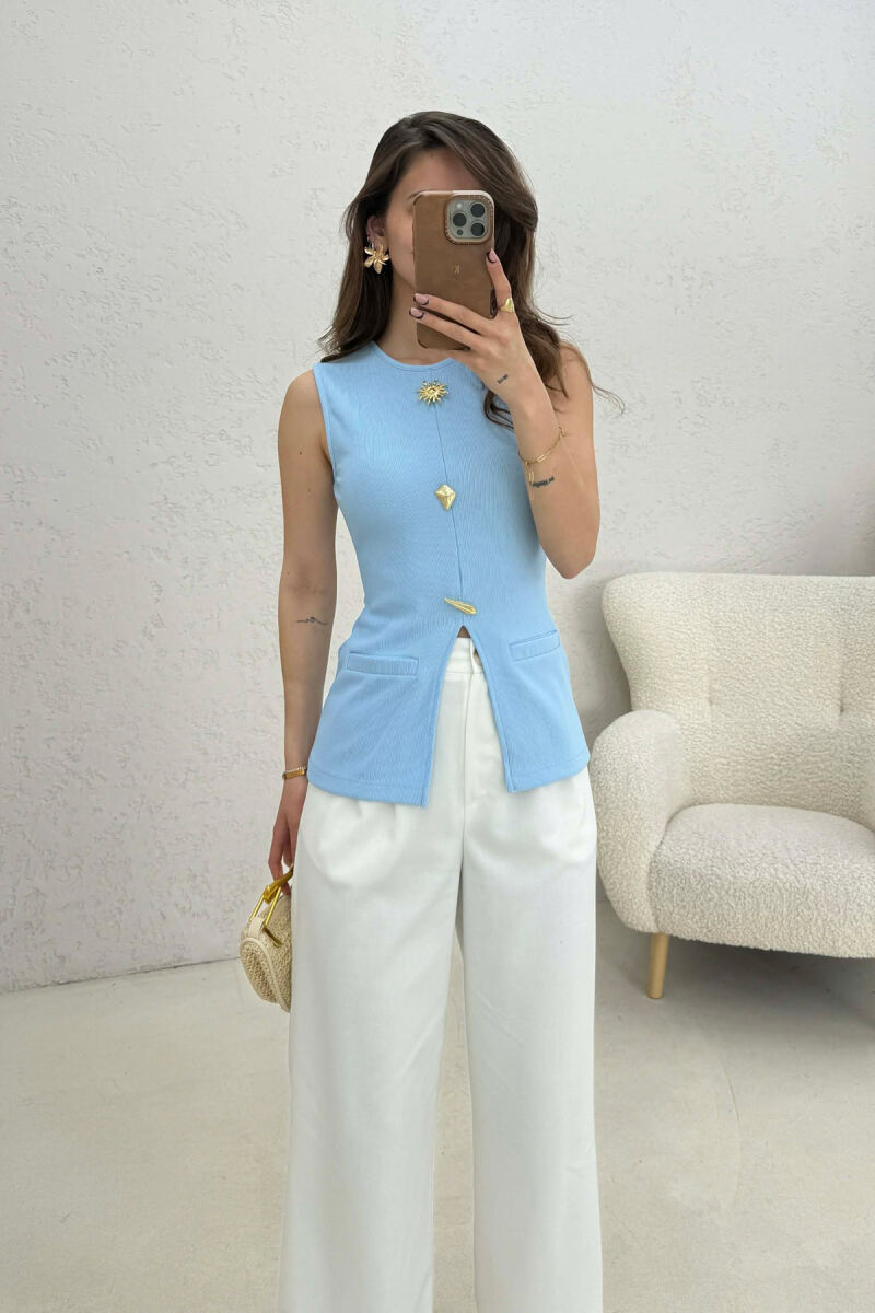 ONE COLOR GOLD BUTTONS DETAILS WOMEN TANK TOP LIGHTBLUE/BZ - 1