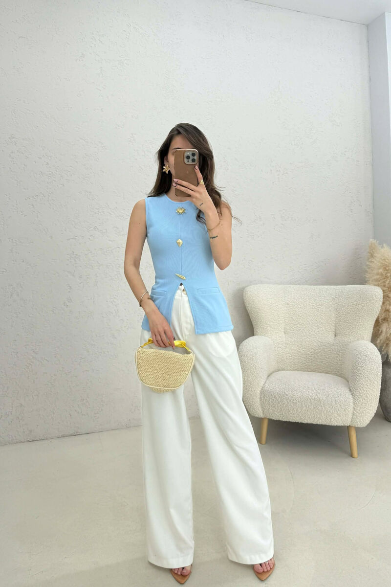 ONE COLOR GOLD BUTTONS DETAILS WOMEN TANK TOP LIGHTBLUE/BZ - 2