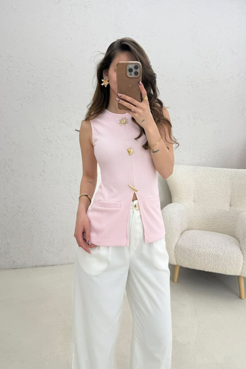 ONE COLOR GOLD BUTTONS DETAILS WOMEN TANK TOP PINK/ROZE - 1