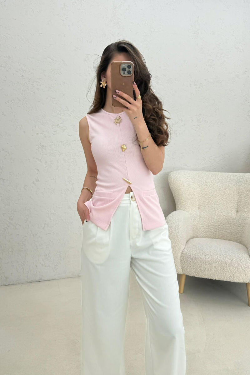 ONE COLOR GOLD BUTTONS DETAILS WOMEN TANK TOP PINK/ROZE - 3