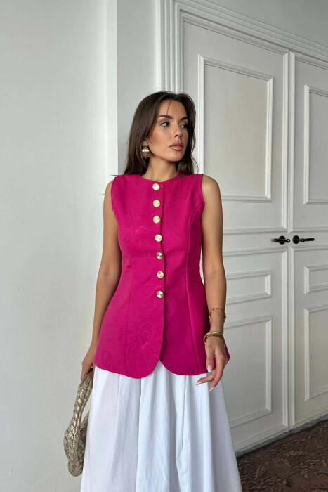 ONE COLOR GOLD BUTTONS LONG WOMEN VEST FUCHSIA/CIKLAMI - KLAUDIO FASHION