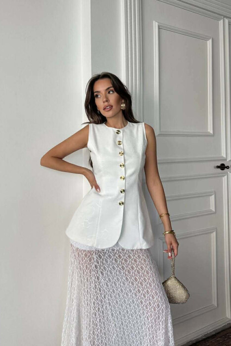 ONE COLOR GOLD BUTTONS LONG WOMEN VEST WHITE-E BARDHE - KLAUDIO FASHION