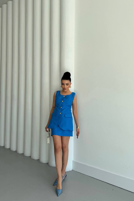 ONE COLOR GOLD BUTTONS VEST + SKIRT WOMAN SET BLUE/BLU 
