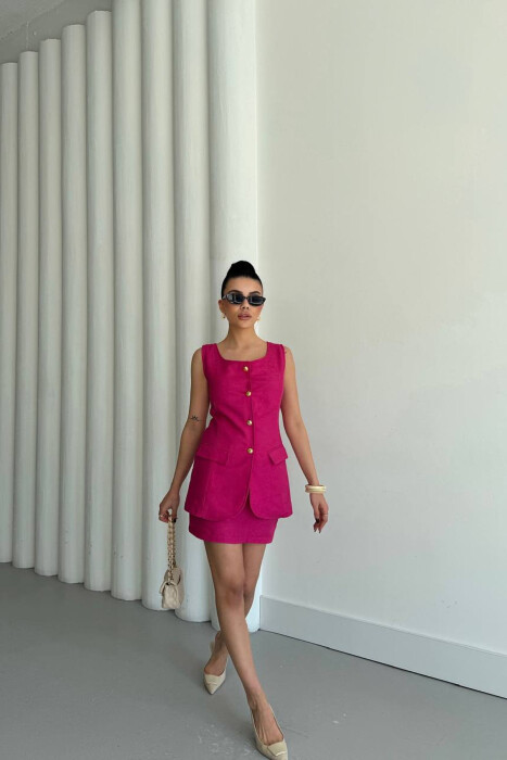 ONE COLOR GOLD BUTTONS VEST + SKIRT WOMAN SET FUCHSIA/CIKLAMI 