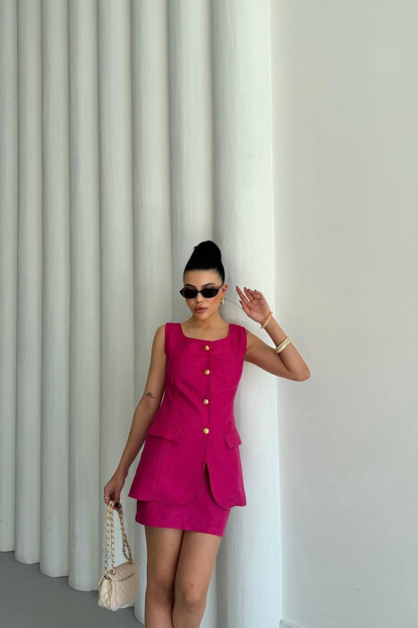 ONE COLOR GOLD BUTTONS VEST + SKIRT WOMAN SET FUCHSIA/CIKLAMI - 3