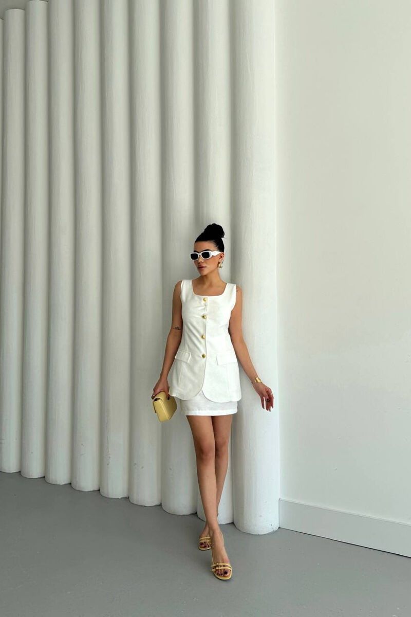 ONE COLOR GOLD BUTTONS VEST + SKIRT WOMAN SET WHITE-E BARDHE - 1