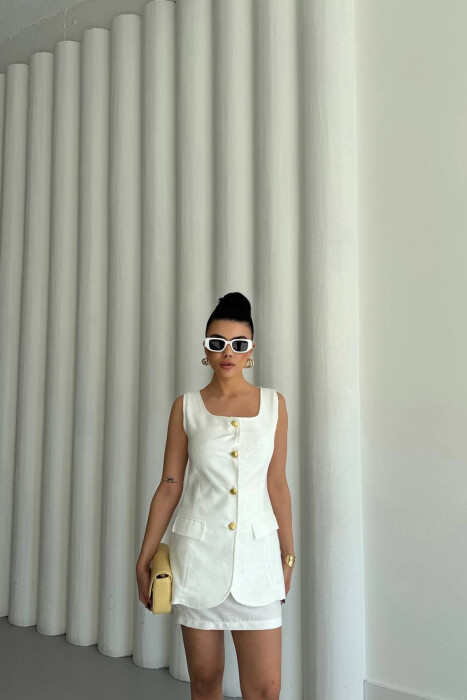 ONE COLOR GOLD BUTTONS VEST + SKIRT WOMAN SET WHITE-E BARDHE - 2