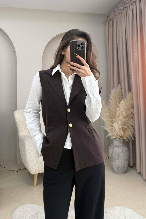 ONE COLOR GOLD BUTTONS WOMEN VEST DARK BROWN/KAE - 2