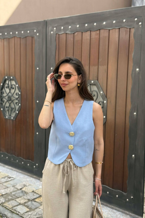 ONE COLOR GOLD BUTTONS WOMEN VEST LIGHTBLUE/BZ - KLAUDIO FASHION