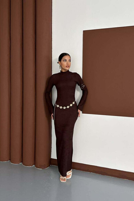 ONE COLOR GOLDEN BELT DETAIL LONG SLEEVE WOMAN DRESS BROWN/KAFE 