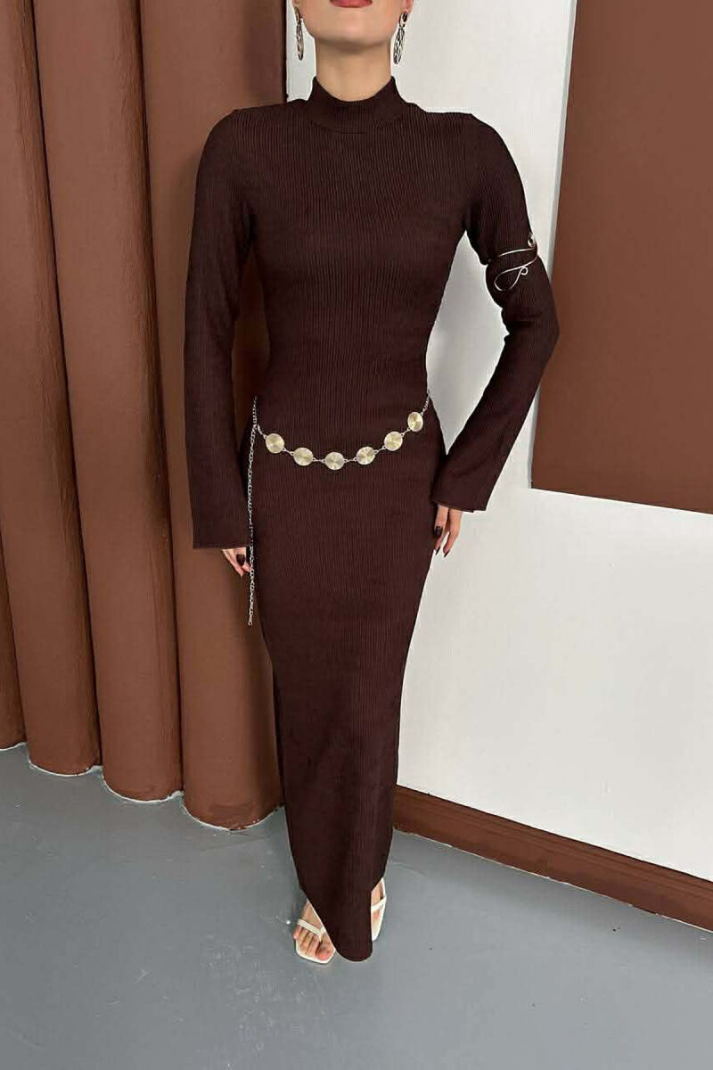 ONE COLOR GOLDEN BELT DETAIL LONG SLEEVE WOMAN DRESS BROWN/KAFE - 3