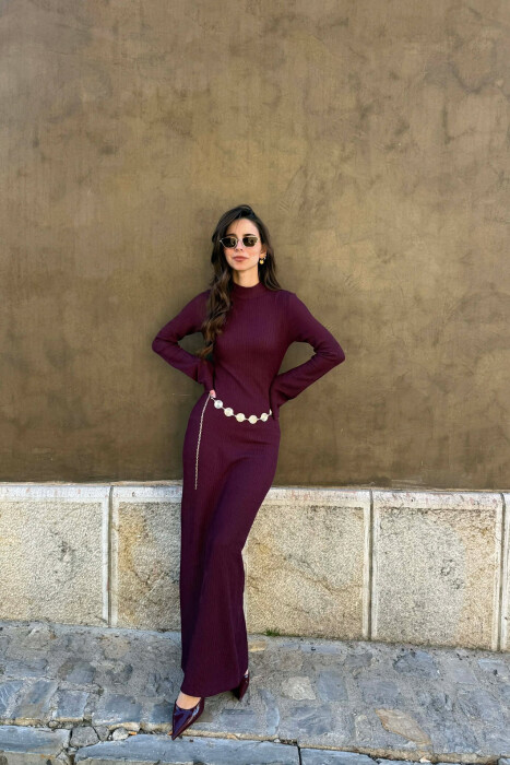 FUSTAN NJE NGJYRESH ME DETAJIN E RRIPIT GOLD PER FEMRA NE NGJYRE VISHNJE - KLAUDIO FASHION