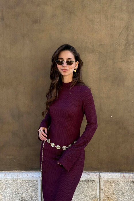 ONE COLOR GOLDEN BELT DETAIL LONG SLEEVE WOMAN DRESS BURGUNDY/VISHNJE - 3