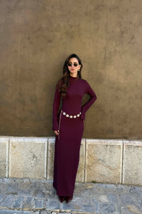 ONE COLOR GOLDEN BELT DETAIL LONG SLEEVE WOMAN DRESS BURGUNDY/VISHNJE - 4