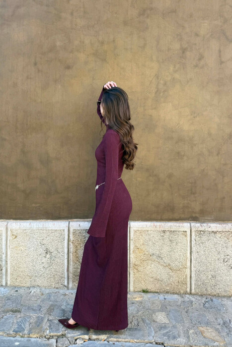 ONE COLOR GOLDEN BELT DETAIL LONG SLEEVE WOMAN DRESS BURGUNDY/VISHNJE - 5
