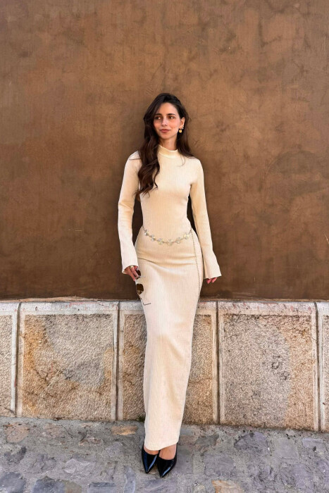 ONE COLOR GOLDEN BELT DETAIL LONG SLEEVE WOMAN DRESS CREAM/KREM - 1