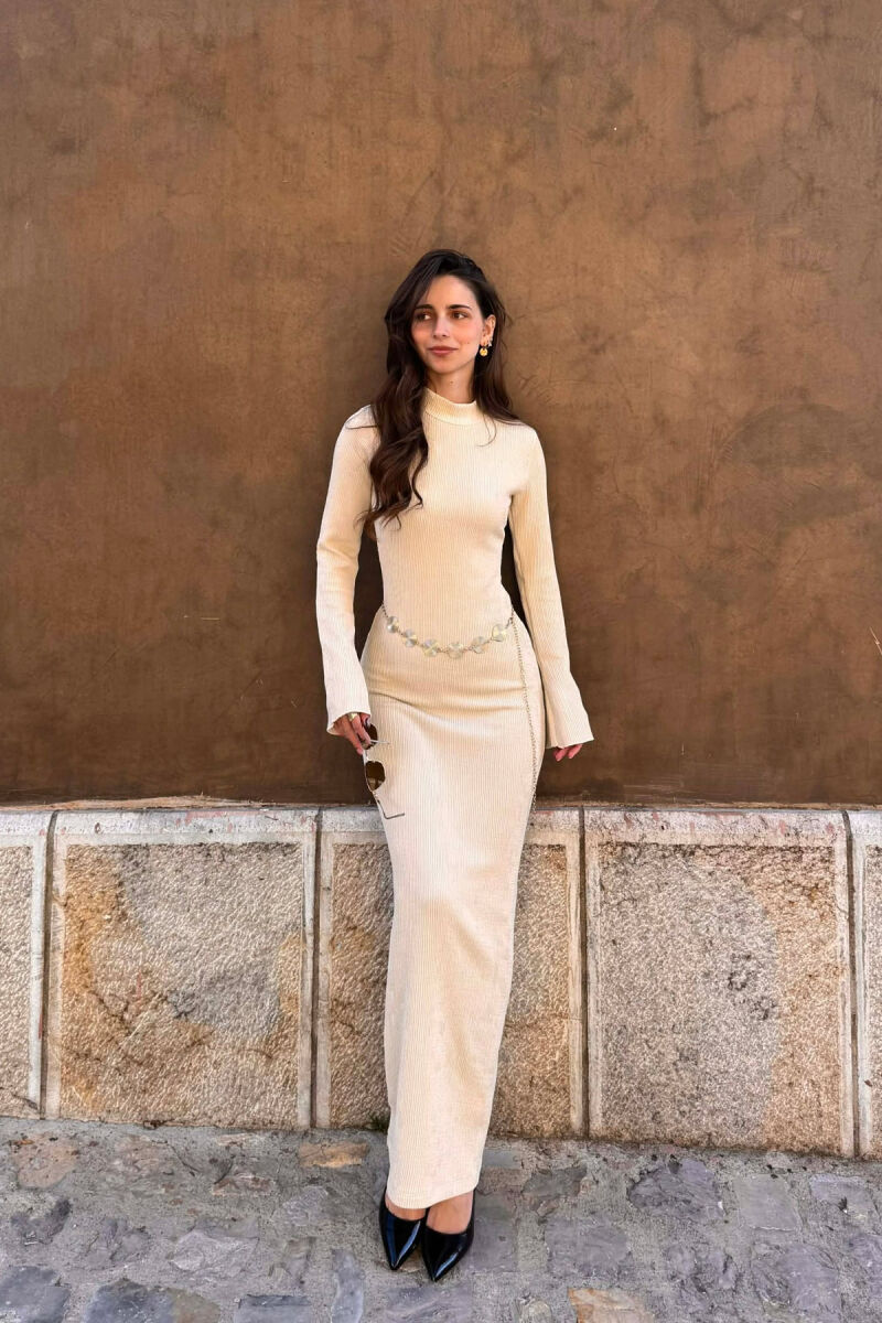 ONE COLOR GOLDEN BELT DETAIL LONG SLEEVE WOMAN DRESS CREAM/KREM - 1