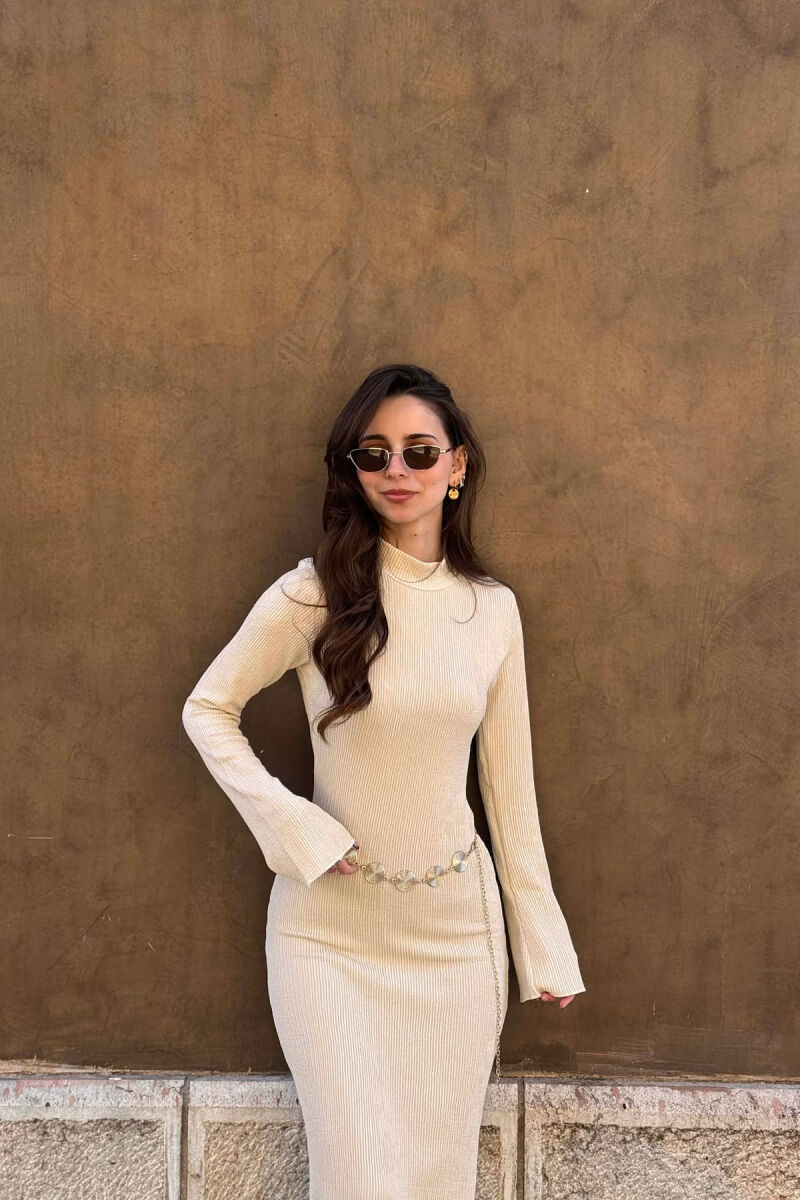 ONE COLOR GOLDEN BELT DETAIL LONG SLEEVE WOMAN DRESS CREAM/KREM - 2