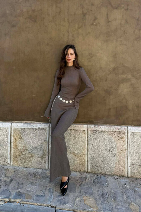 ONE COLOR GOLDEN BELT DETAIL LONG SLEEVE WOMAN DRESS DARK GREY/GEE - 1