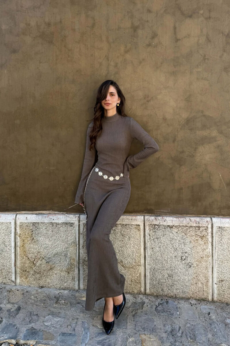 ONE COLOR GOLDEN BELT DETAIL LONG SLEEVE WOMAN DRESS DARK GREY/GEE - 2