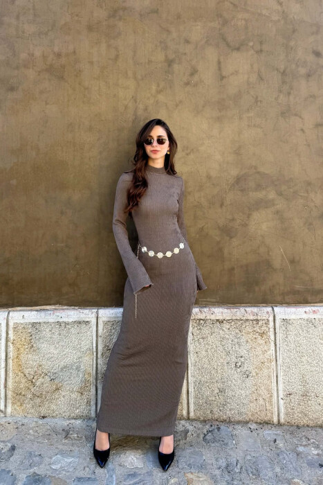 ONE COLOR GOLDEN BELT DETAIL LONG SLEEVE WOMAN DRESS DARK GREY/GEE - 3