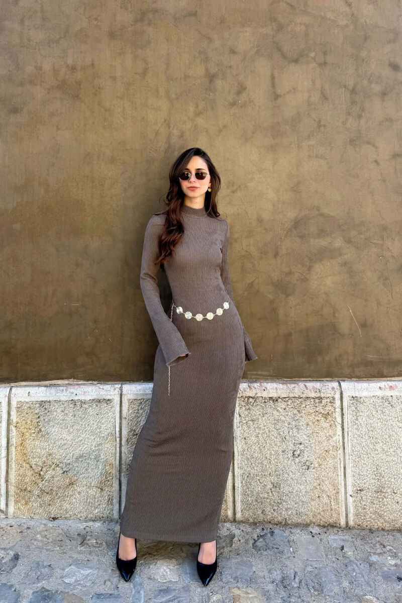 ONE COLOR GOLDEN BELT DETAIL LONG SLEEVE WOMAN DRESS DARK GREY/GEE - 3