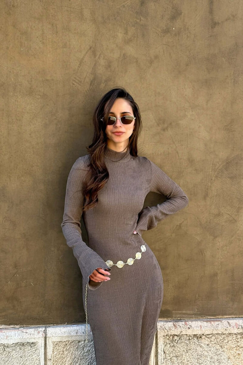 ONE COLOR GOLDEN BELT DETAIL LONG SLEEVE WOMAN DRESS DARK GREY/GEE - 5