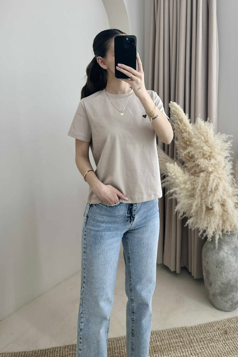 ONE COLOR HEART LOGO SIMPLE WOMEN T-SHIRT BEIGE/BEZHE - 1
