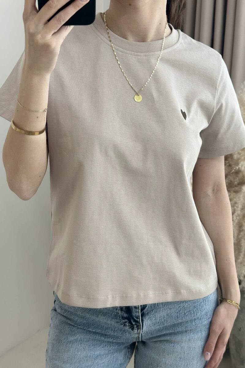 ONE COLOR HEART LOGO SIMPLE WOMEN T-SHIRT BEIGE/BEZHE - 2
