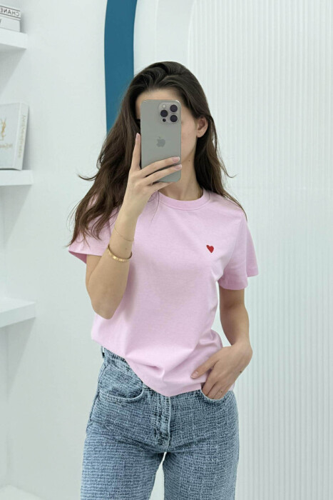 ONE COLOR HEART LOGO SIMPLE WOMEN T-SHIRT PINK/ROZE 