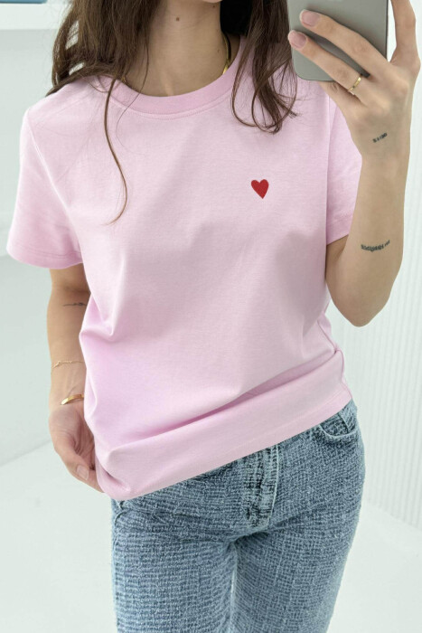 ONE COLOR HEART LOGO SIMPLE WOMEN T-SHIRT PINK/ROZE - 2