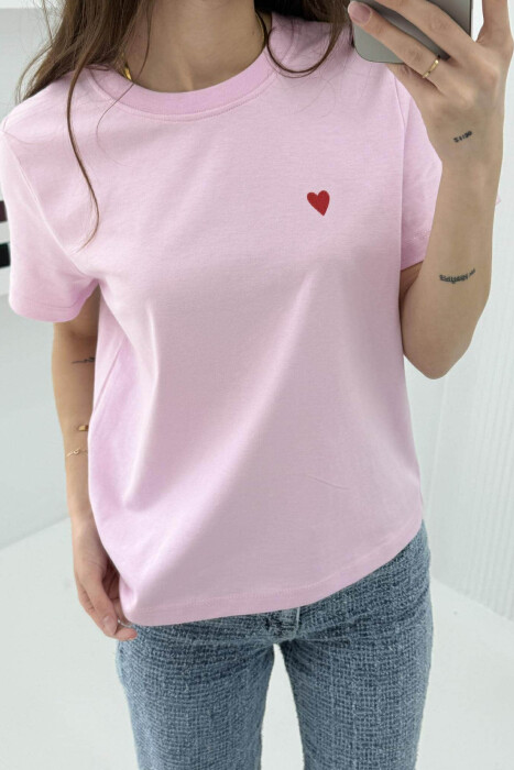 ONE COLOR HEART LOGO SIMPLE WOMEN T-SHIRT PINK/ROZE - 3