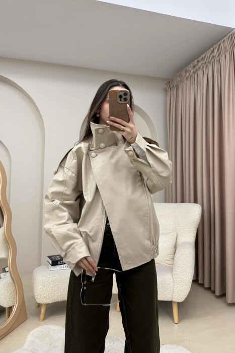 ONE COLOR HIGH NECK BUTTONED DETAIL LEATHER WOMEN JACKET BEIGE/BEZHE 