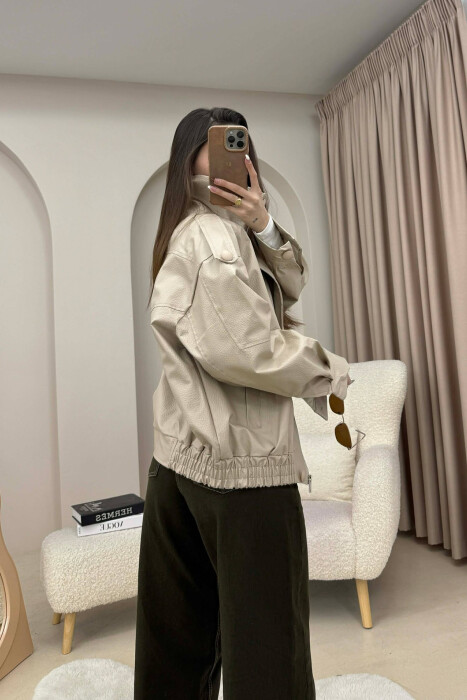 ONE COLOR HIGH NECK BUTTONED DETAIL LEATHER WOMEN JACKET BEIGE/BEZHE - 2