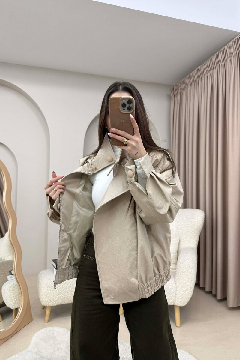 ONE COLOR HIGH NECK BUTTONED DETAIL LEATHER WOMEN JACKET BEIGE/BEZHE - 3