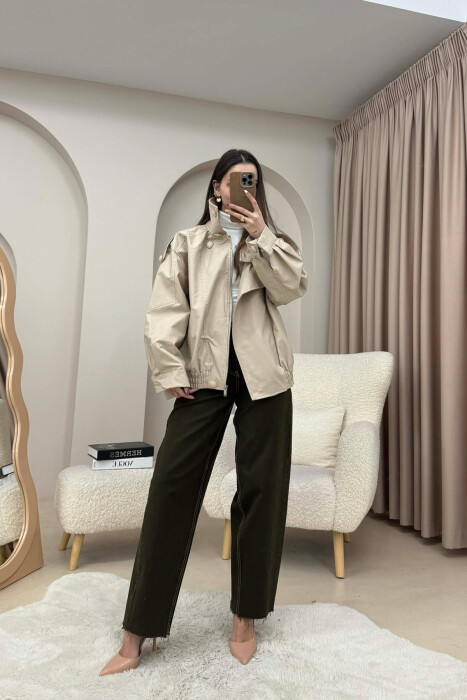 ONE COLOR HIGH NECK BUTTONED DETAIL LEATHER WOMEN JACKET BEIGE/BEZHE - 4