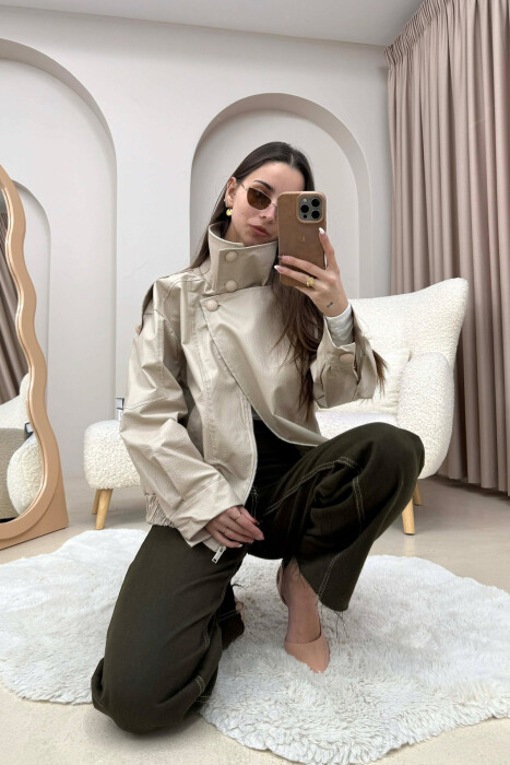 ONE COLOR HIGH NECK BUTTONED DETAIL LEATHER WOMEN JACKET BEIGE/BEZHE - 5