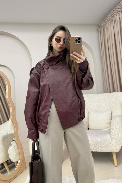 ONE COLOR HIGH NECK BUTTONED DETAIL LEATHER WOMEN JACKET BURGUNDY/VISHNJE 