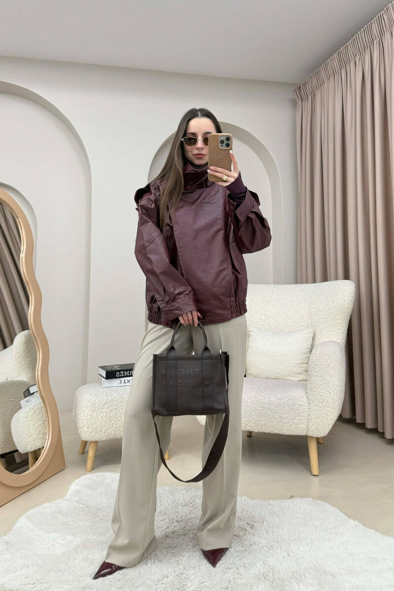 ONE COLOR HIGH NECK BUTTONED DETAIL LEATHER WOMEN JACKET BURGUNDY/VISHNJE - 2