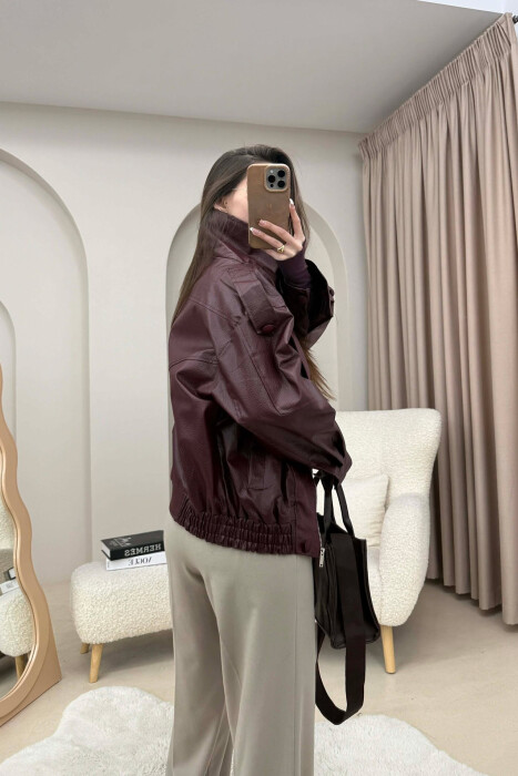 ONE COLOR HIGH NECK BUTTONED DETAIL LEATHER WOMEN JACKET BURGUNDY/VISHNJE - 3