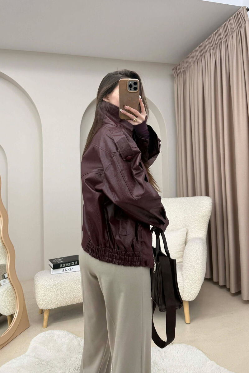 ONE COLOR HIGH NECK BUTTONED DETAIL LEATHER WOMEN JACKET BURGUNDY/VISHNJE - 3