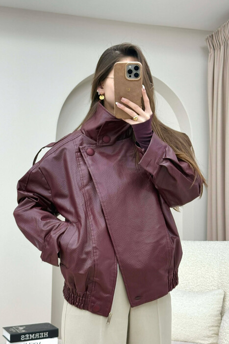ONE COLOR HIGH NECK BUTTONED DETAIL LEATHER WOMEN JACKET BURGUNDY/VISHNJE - 4