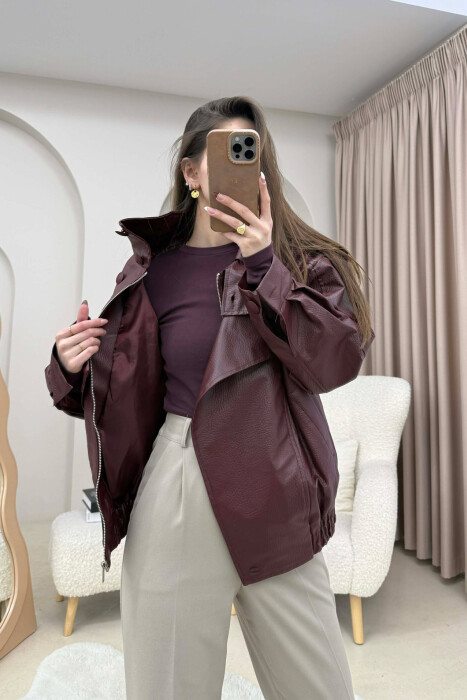 ONE COLOR HIGH NECK BUTTONED DETAIL LEATHER WOMEN JACKET BURGUNDY/VISHNJE - 5